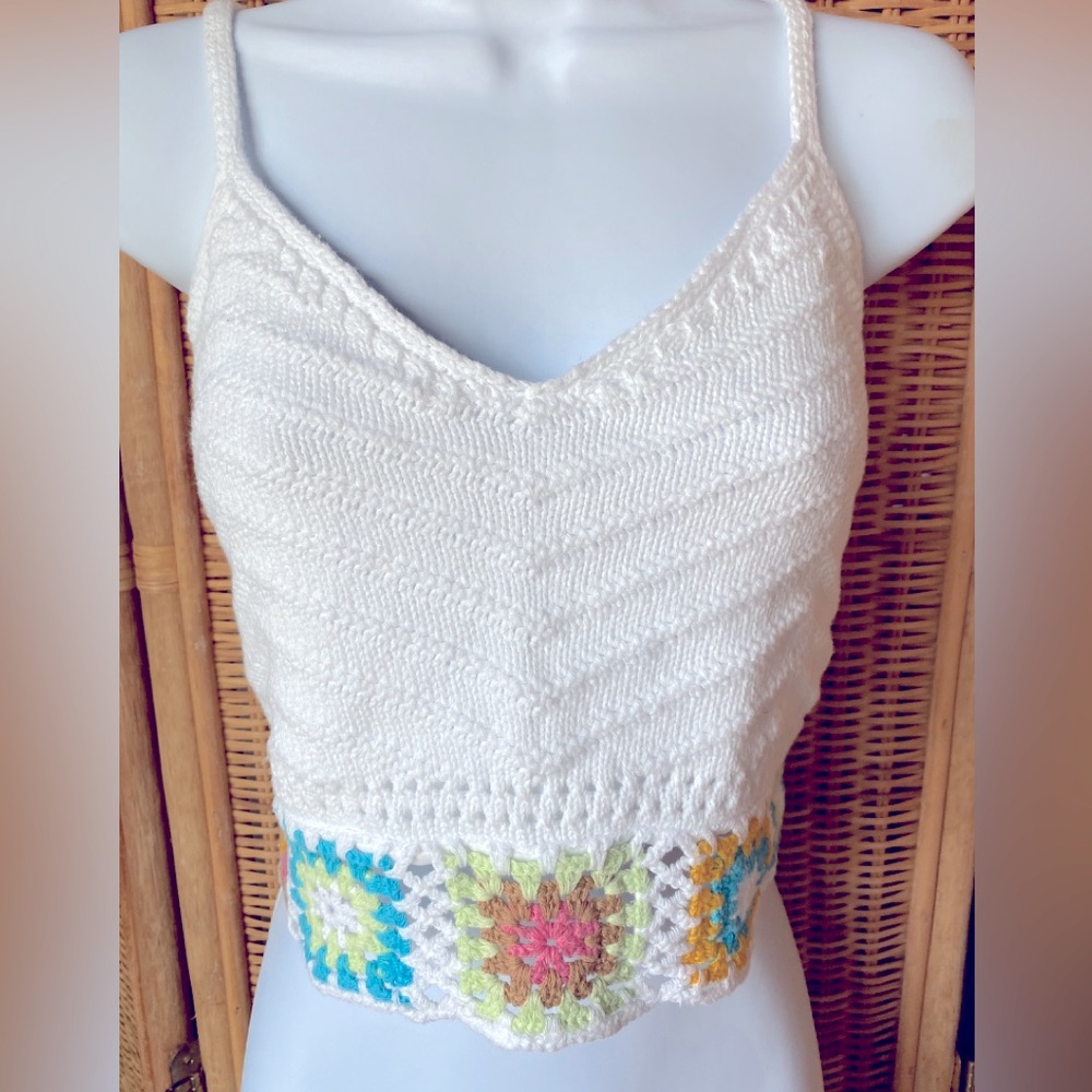Y2K FOREVER 21 WHITE KNIT SUMMER BOHO CROP TOP S, NWOT